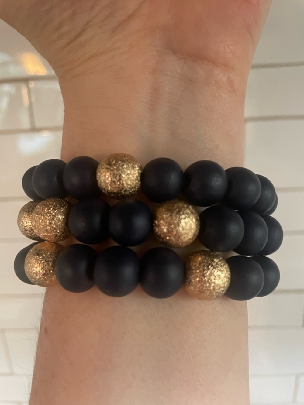 Navy Blue and Gold glittered Beaded Stretch Bracelet Set - Women Jewelry